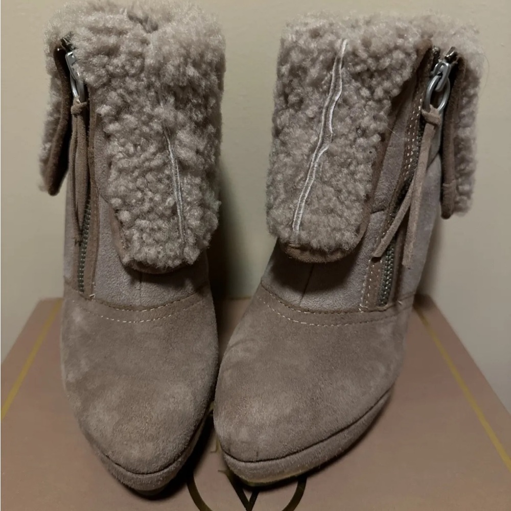 Ash Folk Taupe Suede Wedge Heel Shearling Boots SZ 36.5